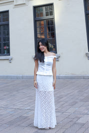 【Ballet Core必備! Lace質感Max】Basic Solid Button Front  Lace Off Shoulder Top