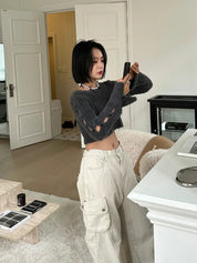 Solid Fluffy Hollow Out Crop Top