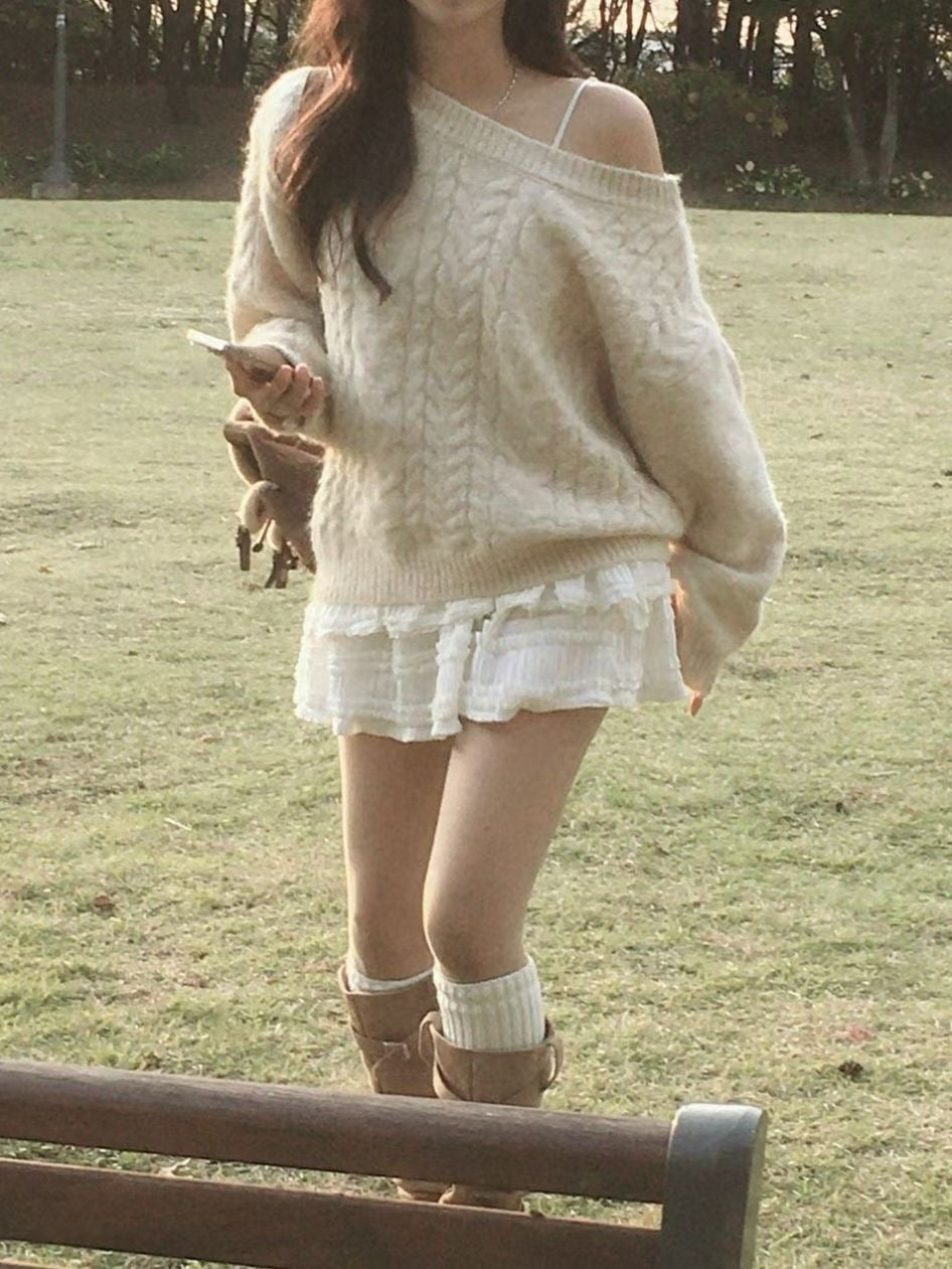 【麻花單肩針織Top】Cable Ribbed Off Shoulder Cardigan