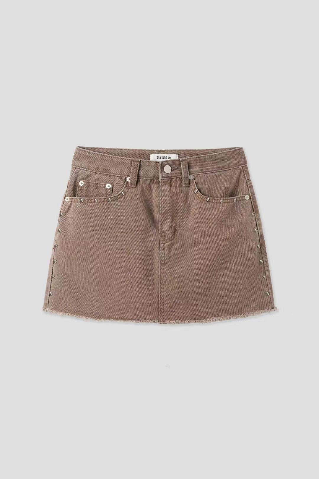 【型格破爛風短裙】Solid Ripped Rivet Mini Skirt