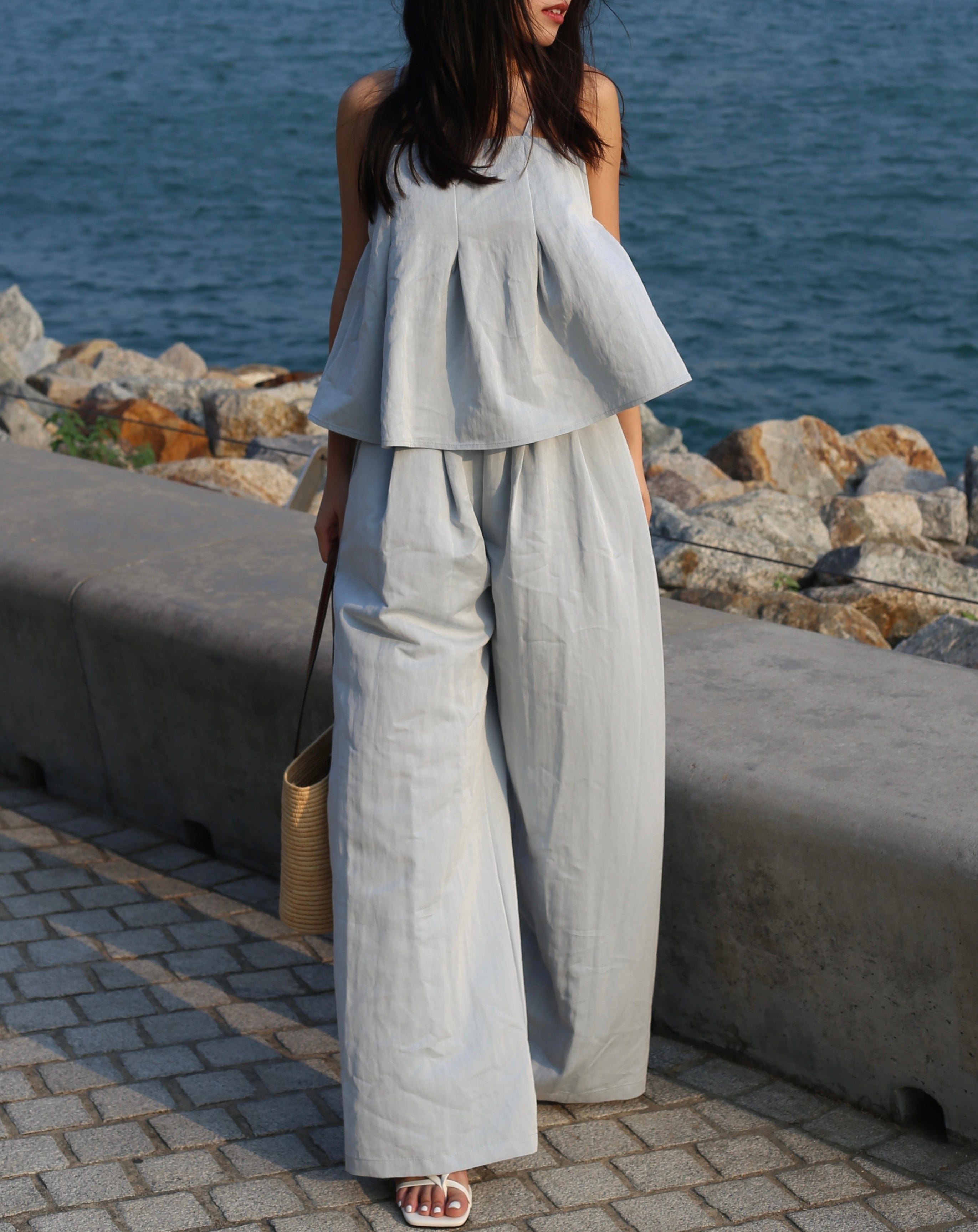 【超舒適慵懶渡假套裝】Solid Cami Top With Wide Leg Pants Set