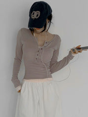 【假兩件長䄂Top🎶】Double Layered Button Front Long Sleeve Top