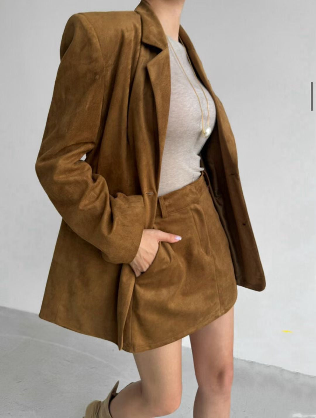 【麂皮西裝套裝｜可分開入手】Solid Suede Pocket Blazer Set