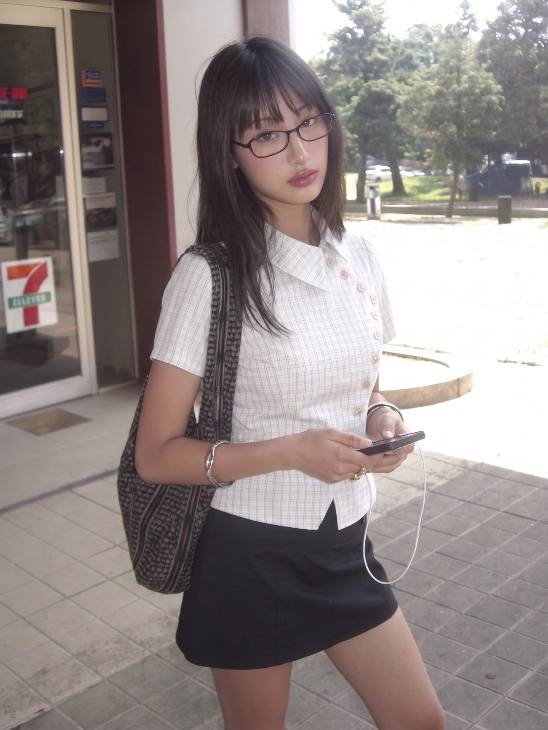 Plaid cross-button collar top