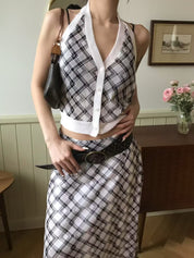 【復古美式女生必入】Button Front Checkered Halter Top