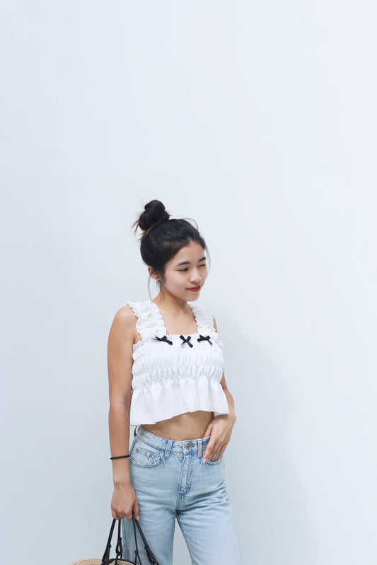 #T229 【皺皺面料🤩】Ruffle Strap Triple Ribbon Tank Top