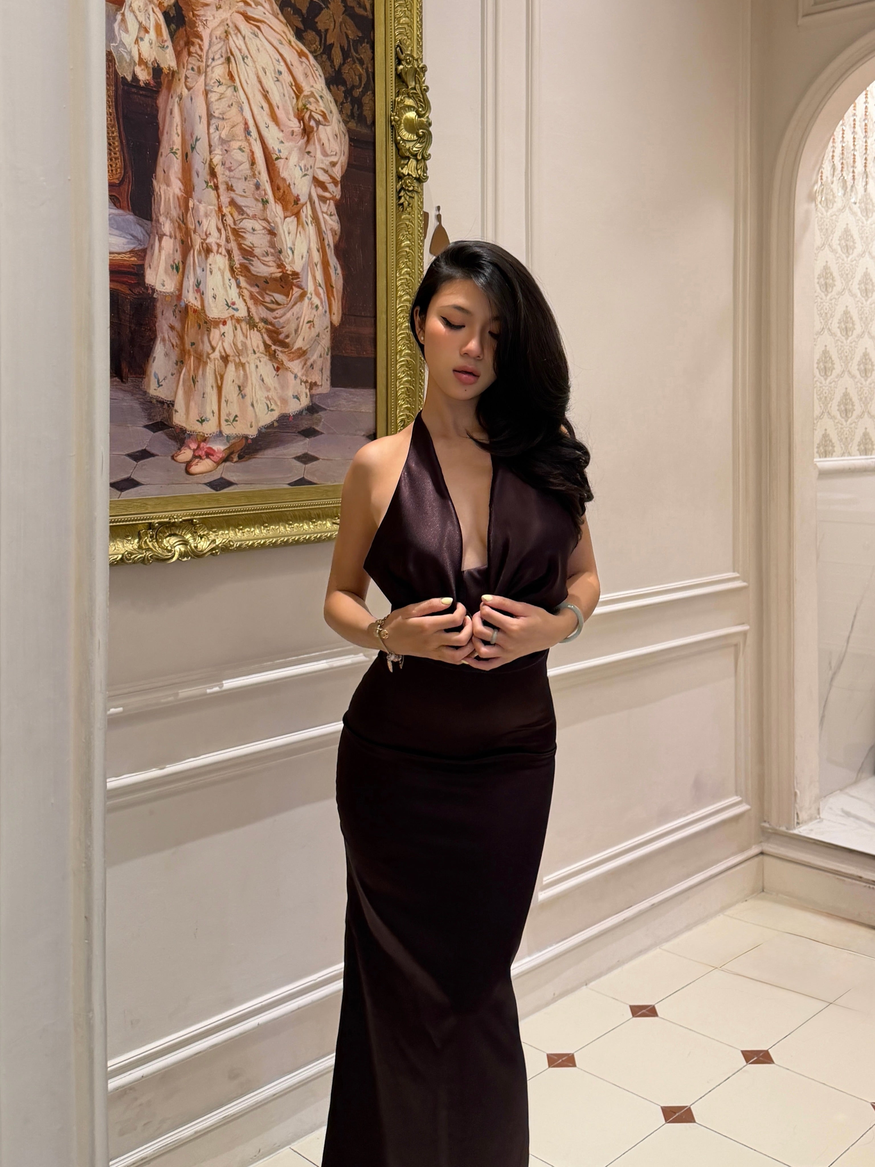Mocha Silk Cowl-Neck Halter Dress