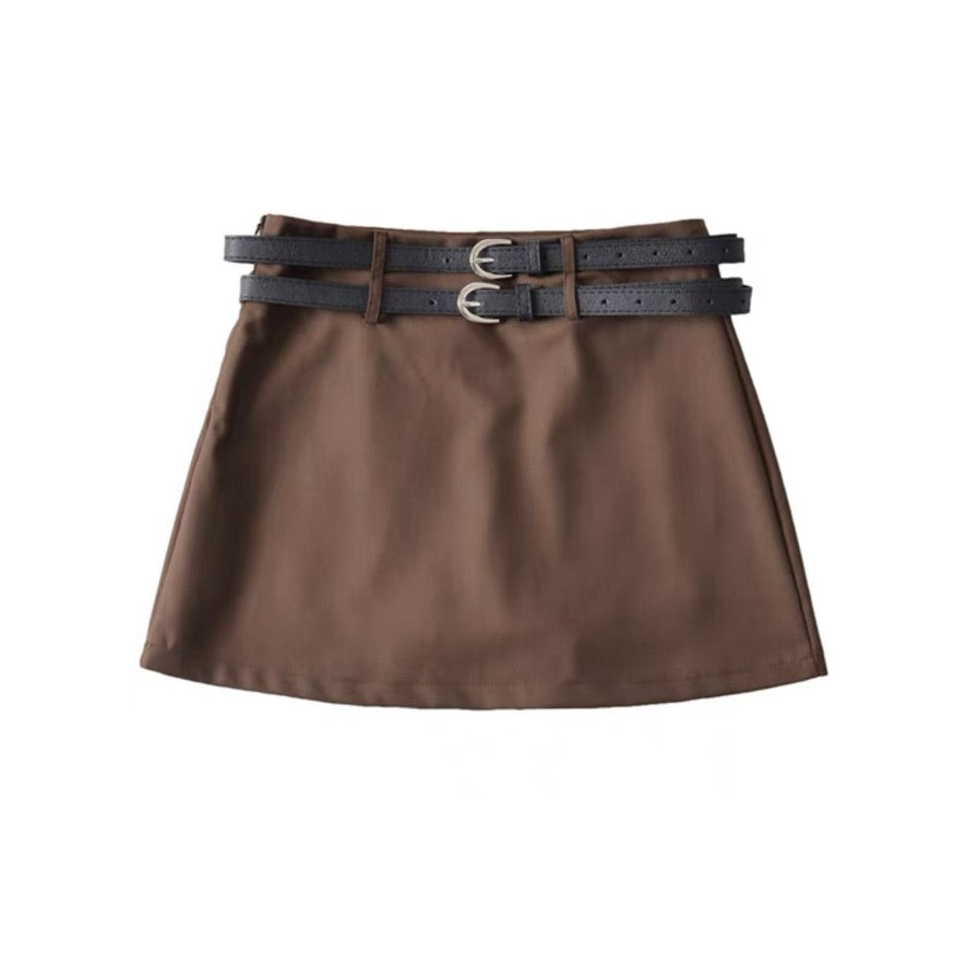 Solid Double Belt Skirt