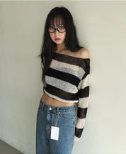 【FW24新款達陣！】Striped See-Throgh Knit Cardigan