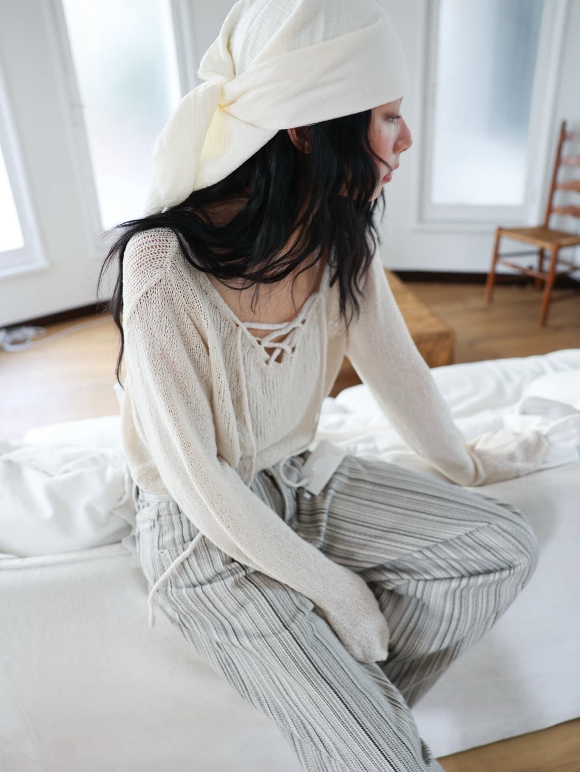 【慵懶感綁帶罩衫｜2色入】Tie Front Solid See-Throgh Knit Cardigan