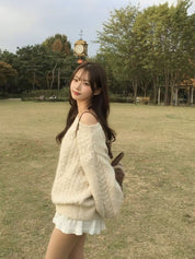 【麻花單肩針織Top】Cable Ribbed Off Shoulder Cardigan