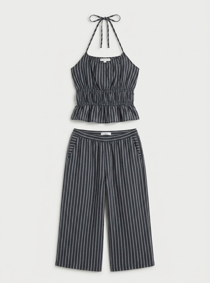 Striped Smocked Halter Top & Wide-Leg Pants Set