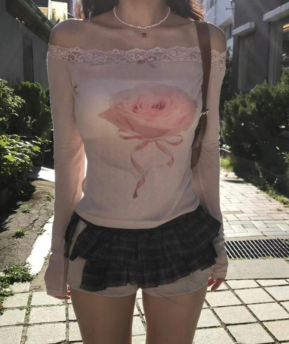 【大熱同款Lace花花一字膊！】Lace Rose Off Shoulder Crop Top