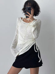 【黑白長袖暗花Top】Tessa See-through Ruched Side Top