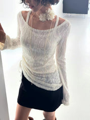 【黑白長袖暗花Top】Tessa See-through Ruched Side Top