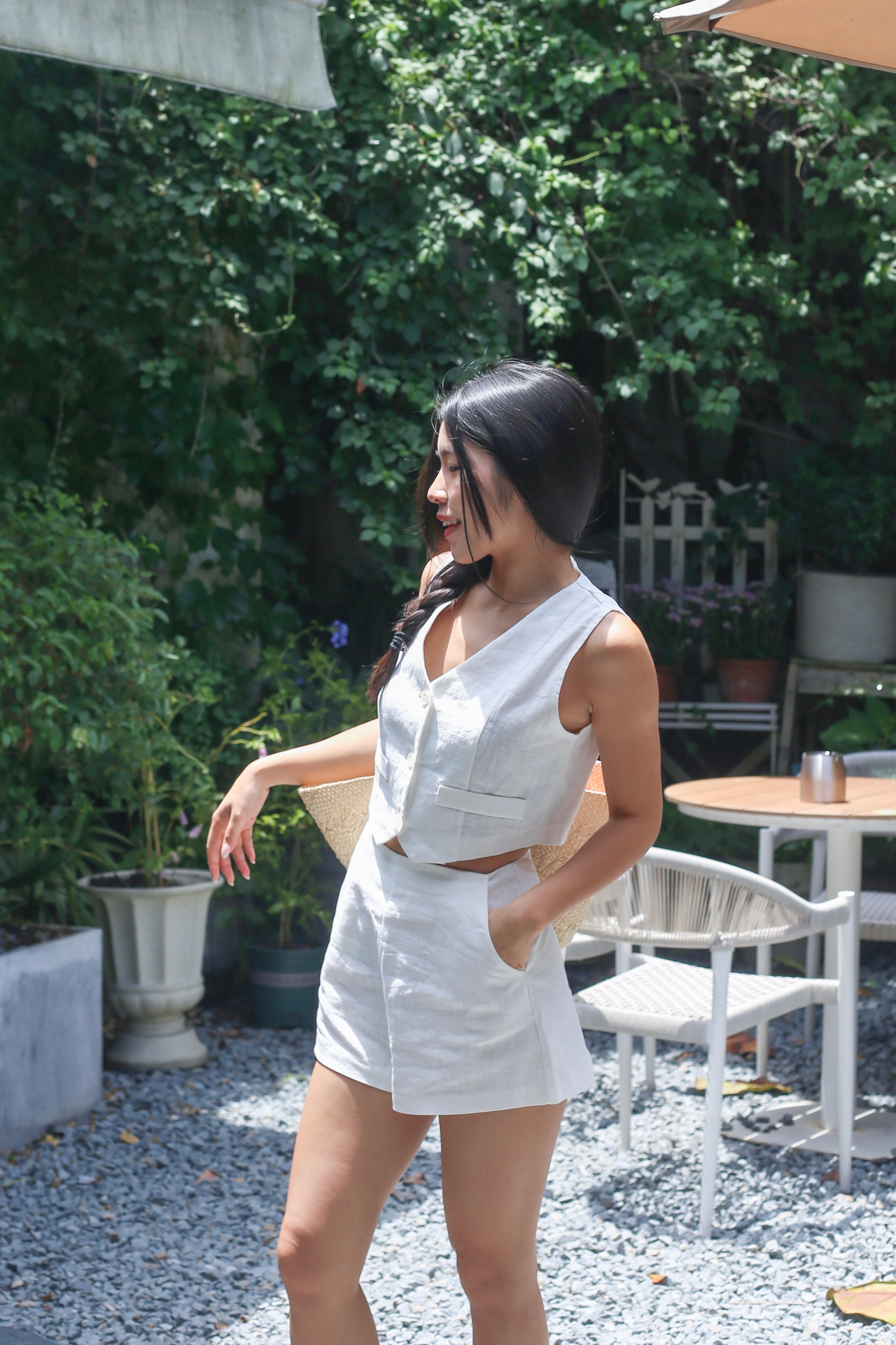 【高級感麻質超舒適套裝】Linen Solid V-Neck Vest With Short Set