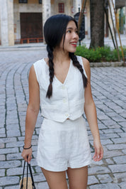 【高級感麻質超舒適套裝】Linen Solid V-Neck Vest With Short Set