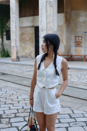 【高級感麻質超舒適套裝】Linen Solid V-Neck Vest With Short Set