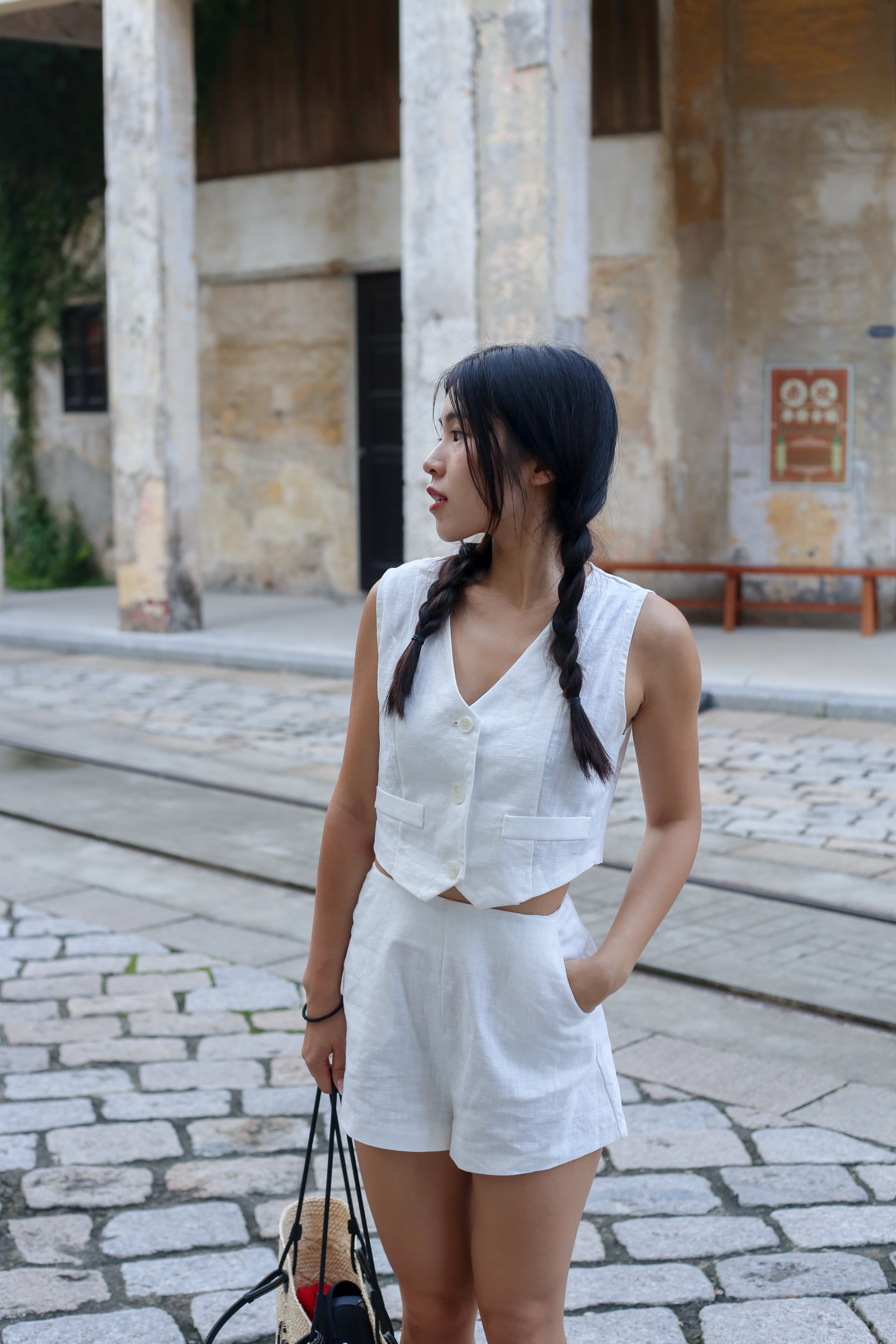 【高級感麻質超舒適套裝】Linen Solid V-Neck Vest With Short Set