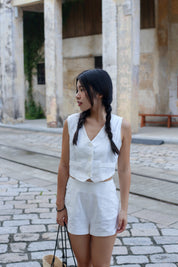 【高級感麻質超舒適套裝】Linen Solid V-Neck Vest With Short Set