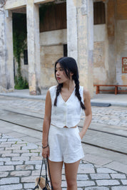 【高級感麻質超舒適套裝】Linen Solid V-Neck Vest With Short Set