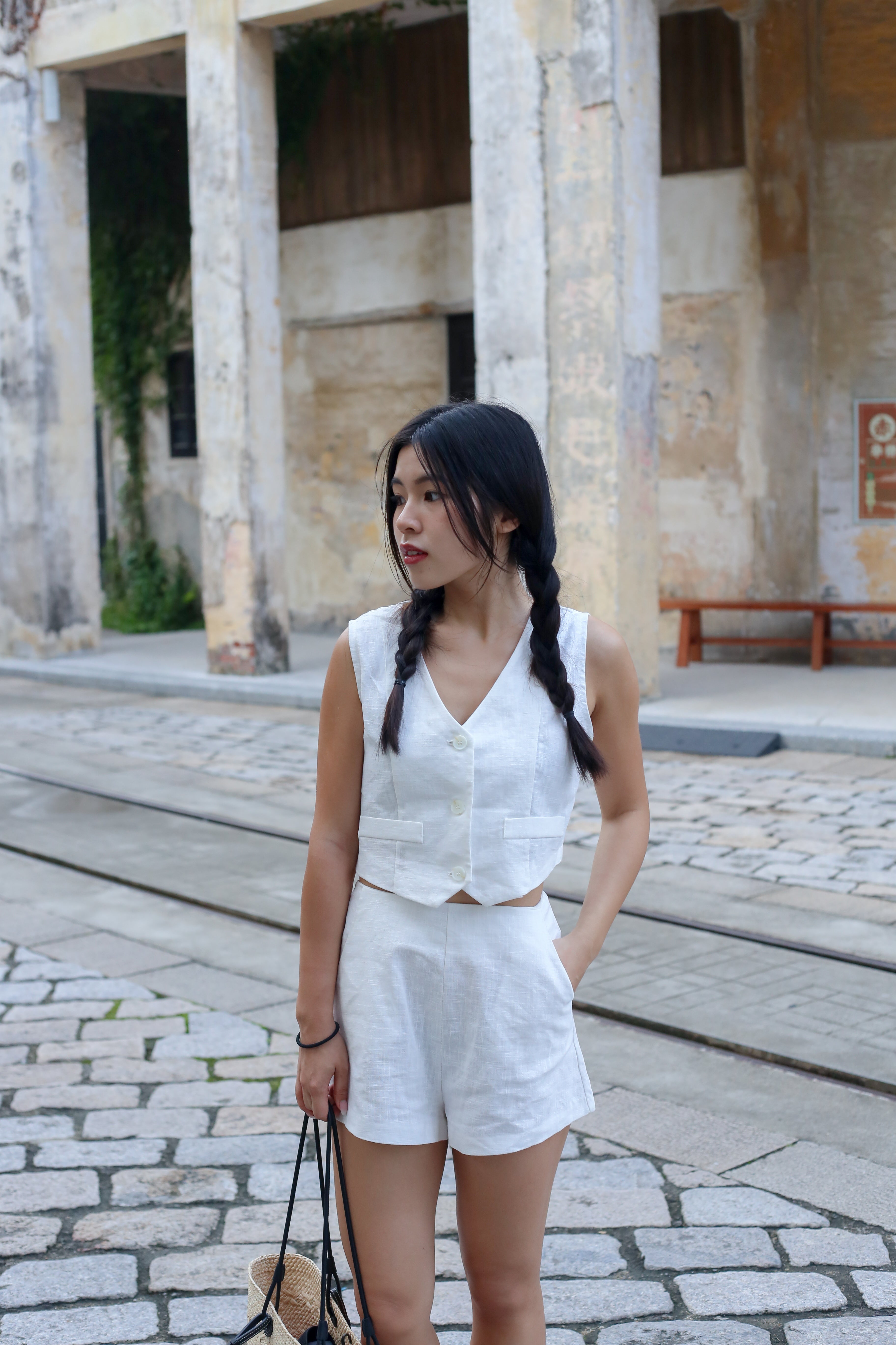 【高級感麻質超舒適套裝】Linen Solid V-Neck Vest With Short Set