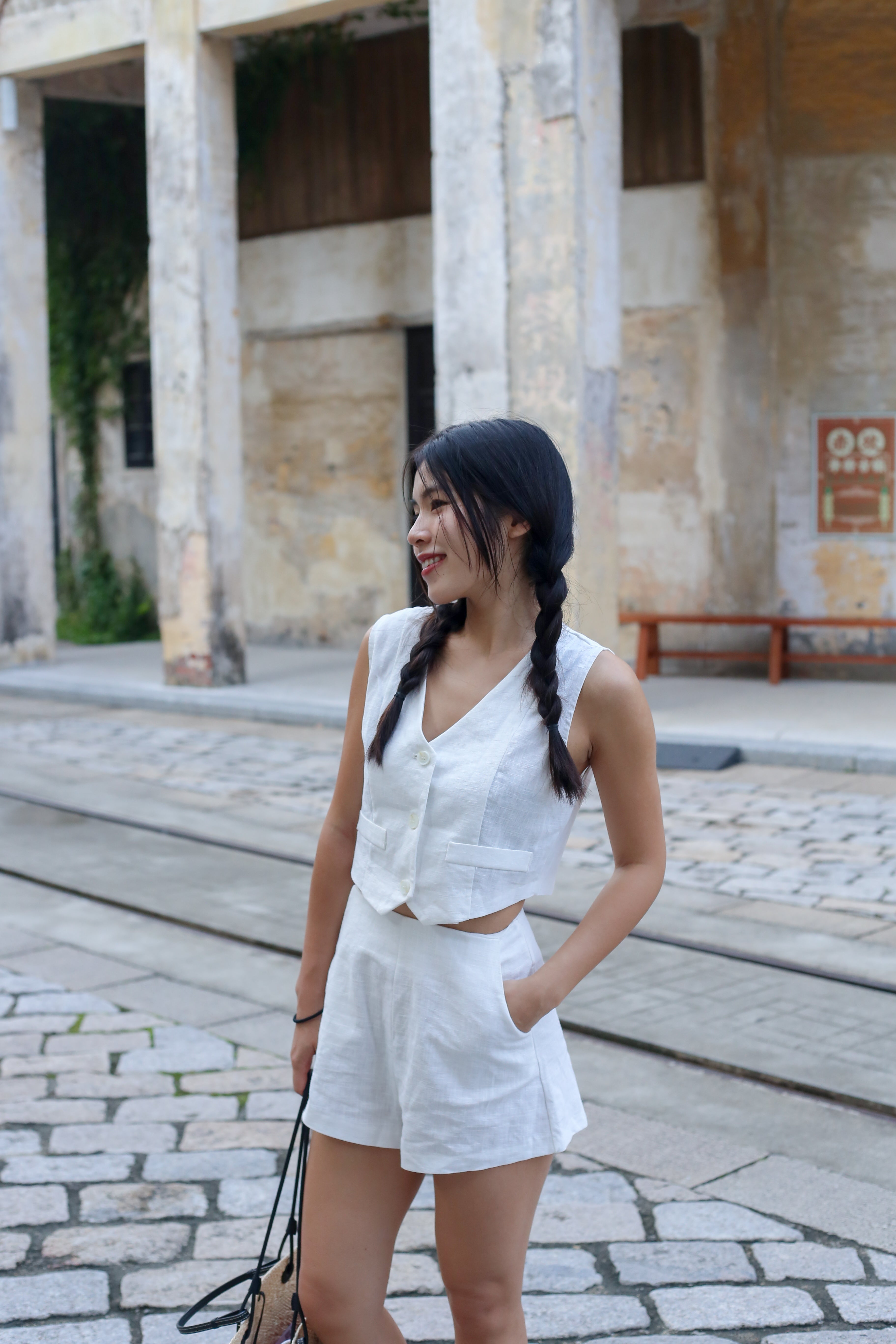 【高級感麻質超舒適套裝】Linen Solid V-Neck Vest With Short Set