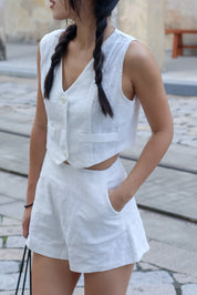 【高級感麻質超舒適套裝】Linen Solid V-Neck Vest With Short Set