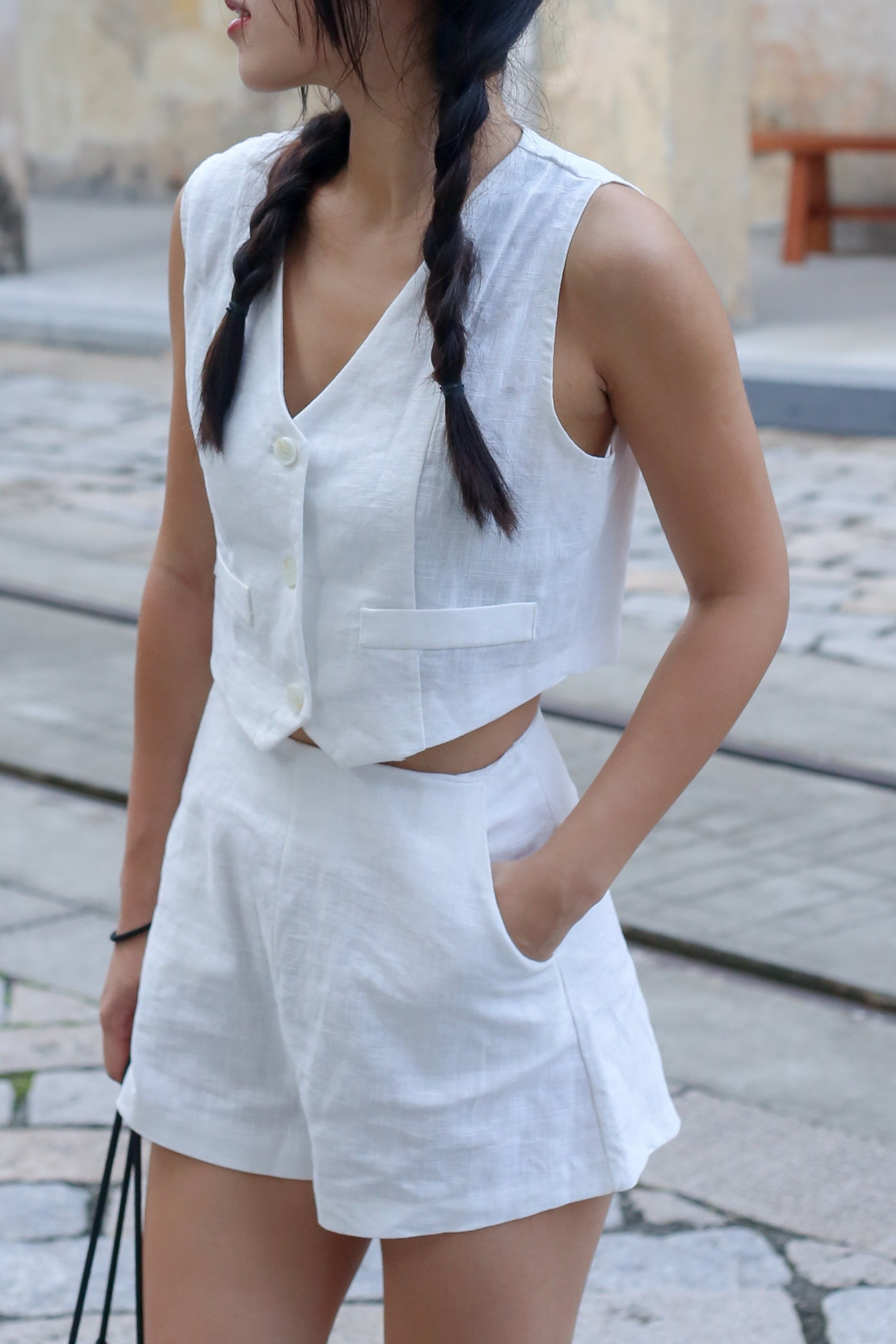 【高級感麻質超舒適套裝】Linen Solid V-Neck Vest With Short Set