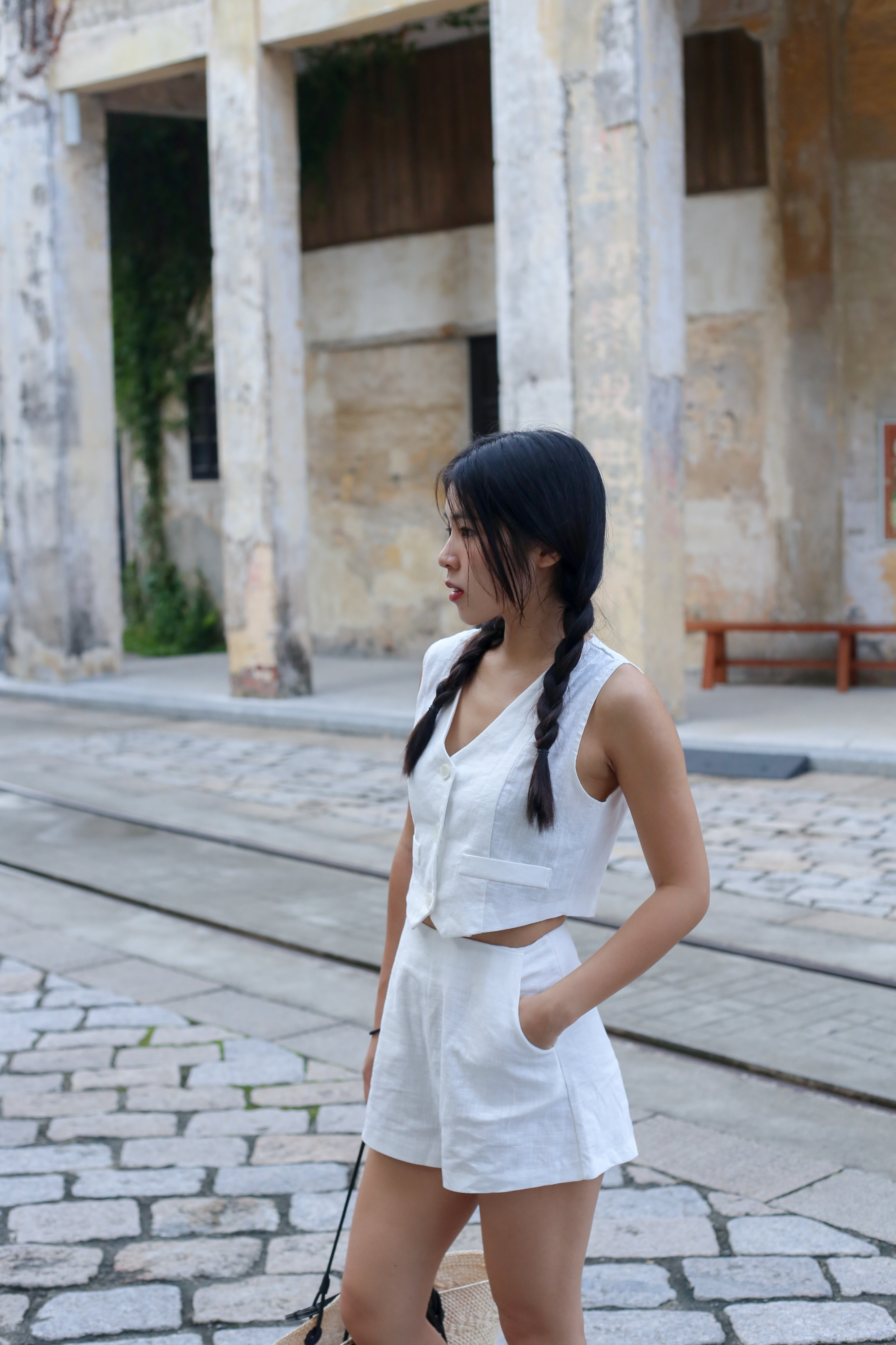 【高級感麻質超舒適套裝】Linen Solid V-Neck Vest With Short Set