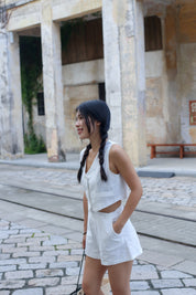 【高級感麻質超舒適套裝】Linen Solid V-Neck Vest With Short Set