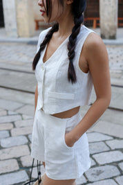 【高級感麻質超舒適套裝】Linen Solid V-Neck Vest With Short Set