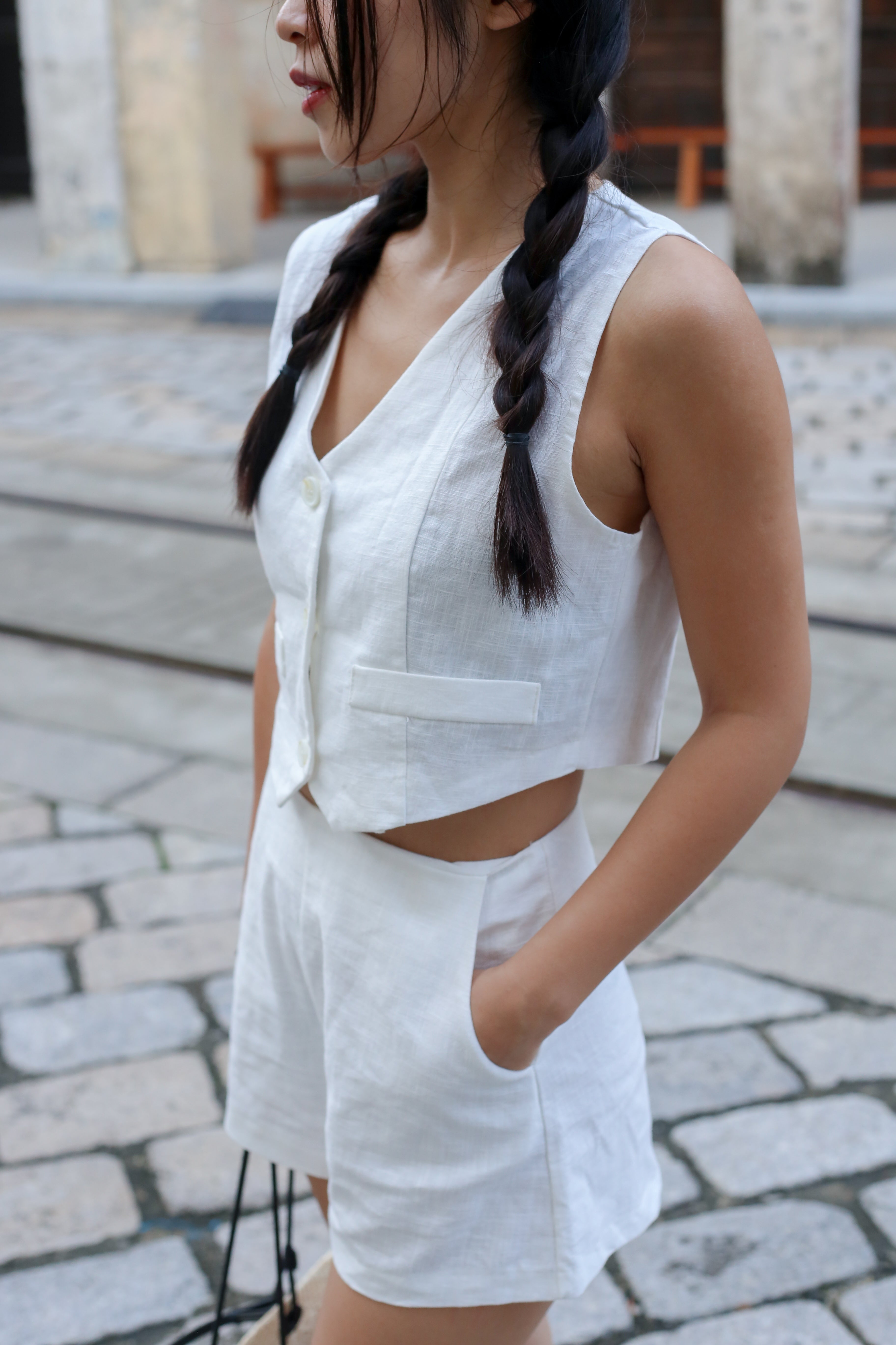 【高級感麻質超舒適套裝】Linen Solid V-Neck Vest With Short Set