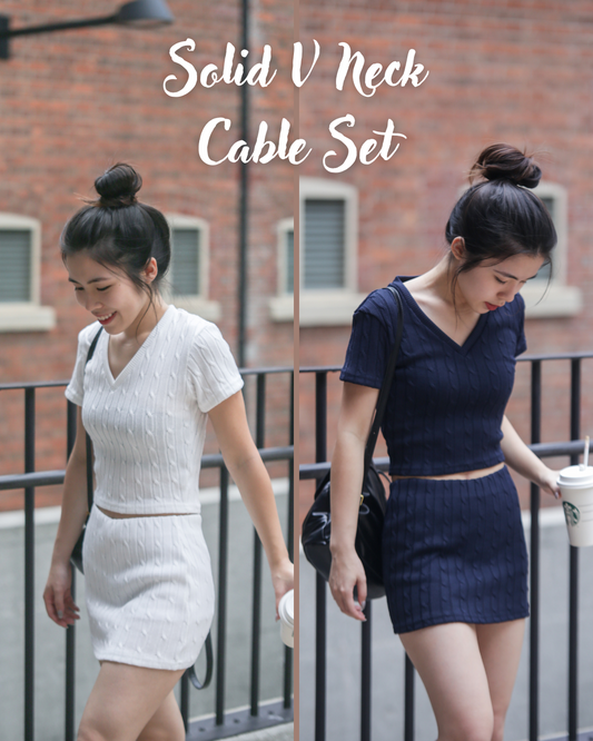 【V領麻花校園風套裝！】Solid V Neck Cable Set