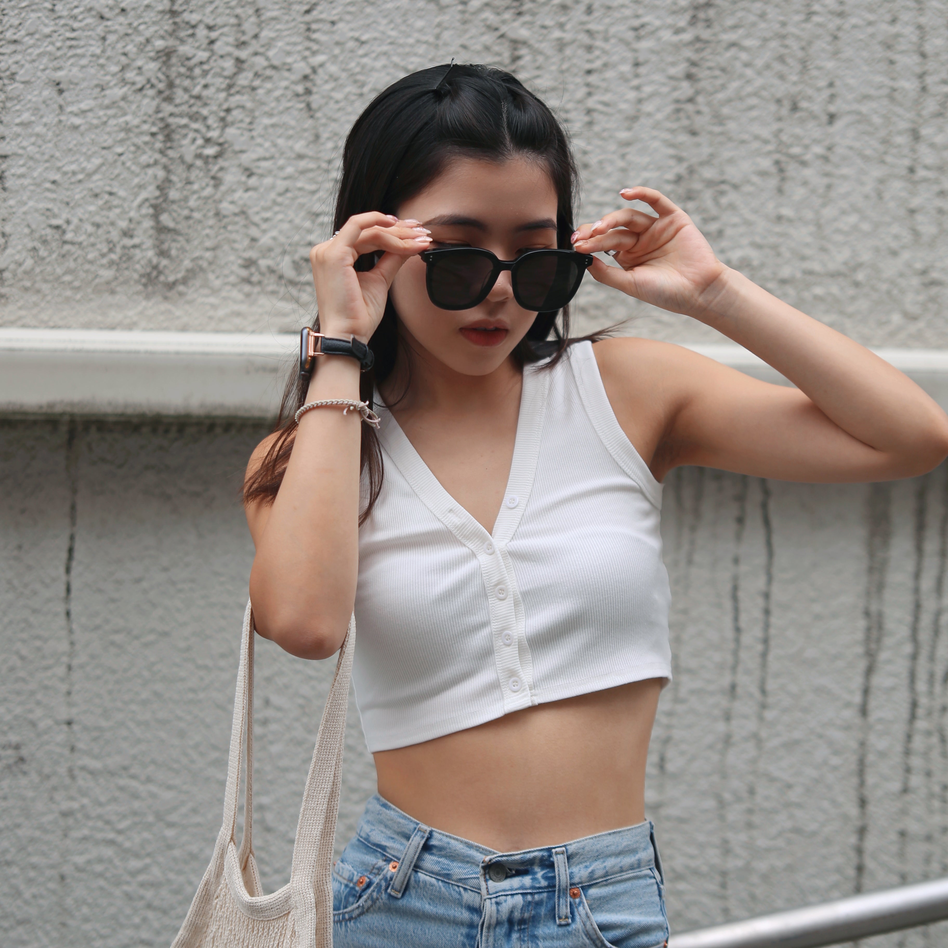 V Neck Button Front Solid Crop Top