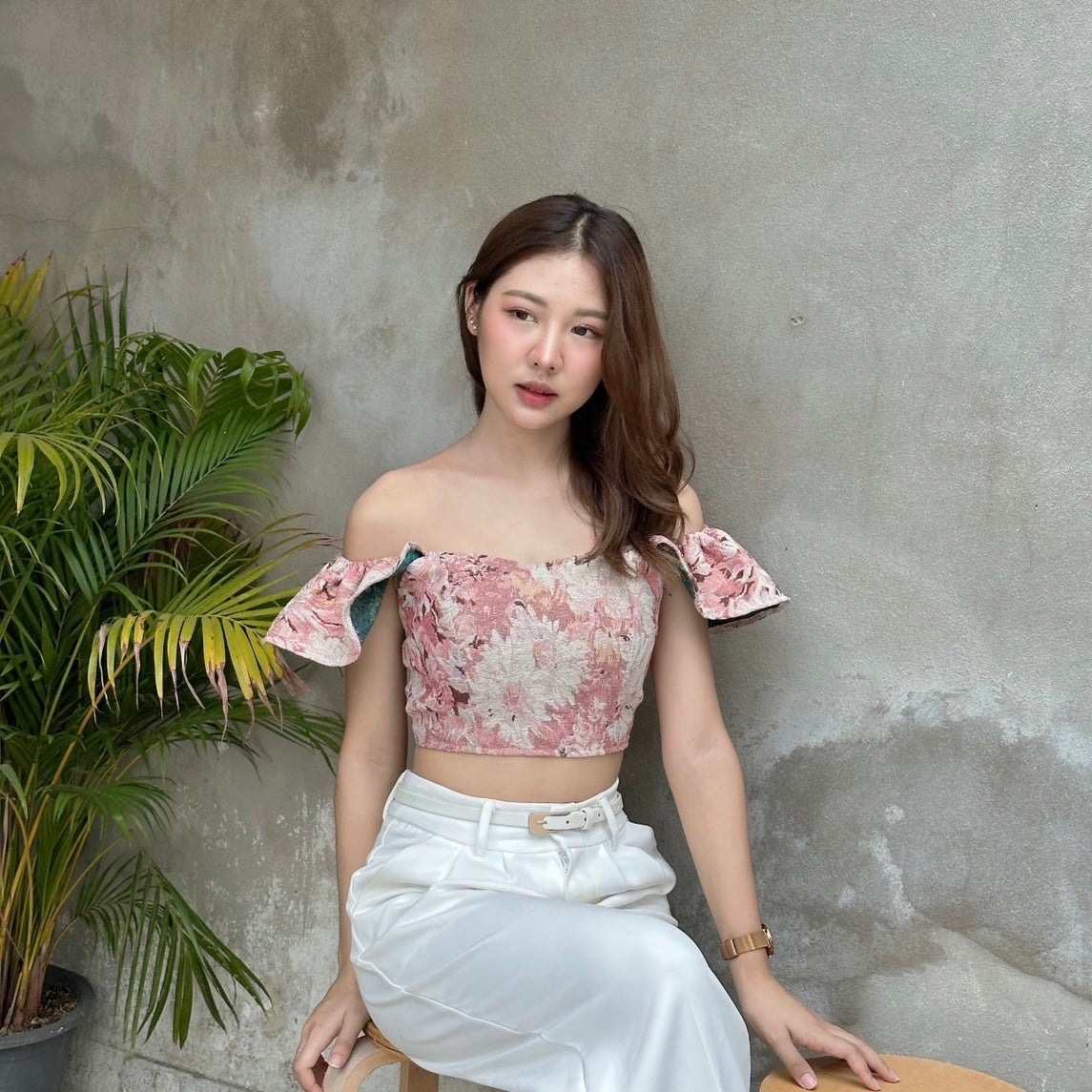 #T058 - Classy Flowery Prints Crop Off Shoulder Top