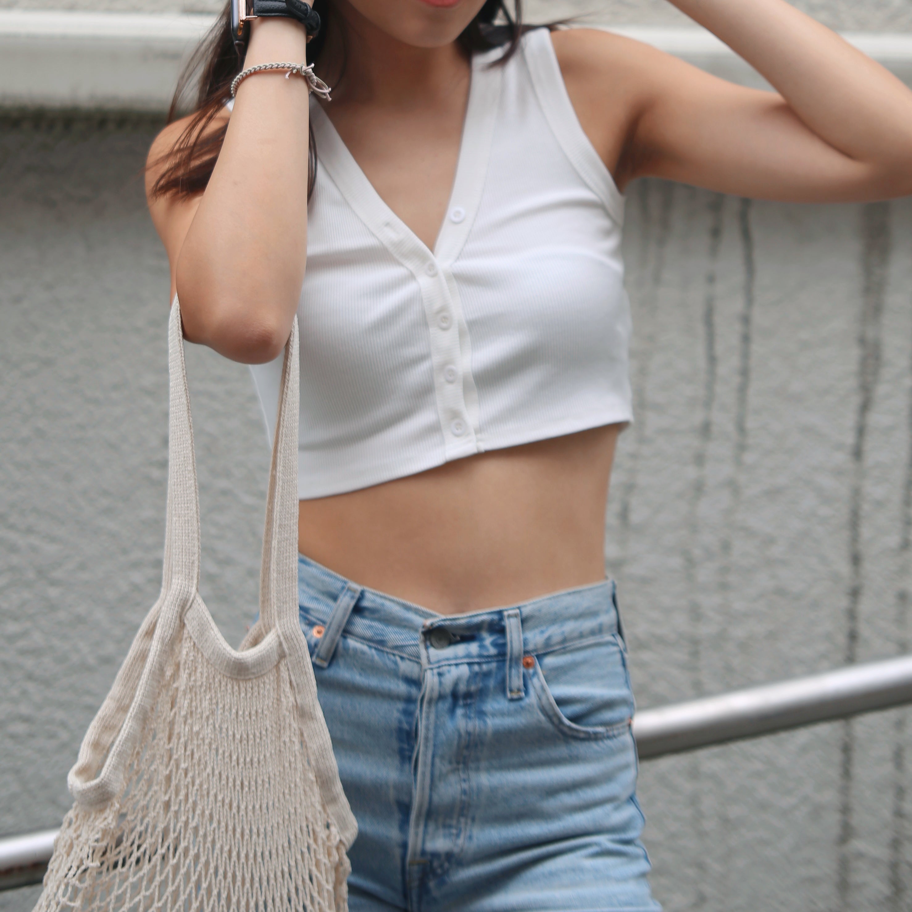 V Neck Button Front Solid Crop Top