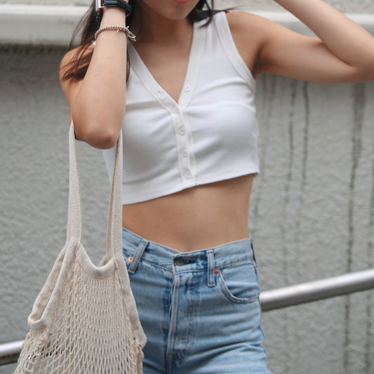 V Neck Button Front Solid Crop Top