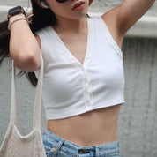 V Neck Button Front Solid Crop Top