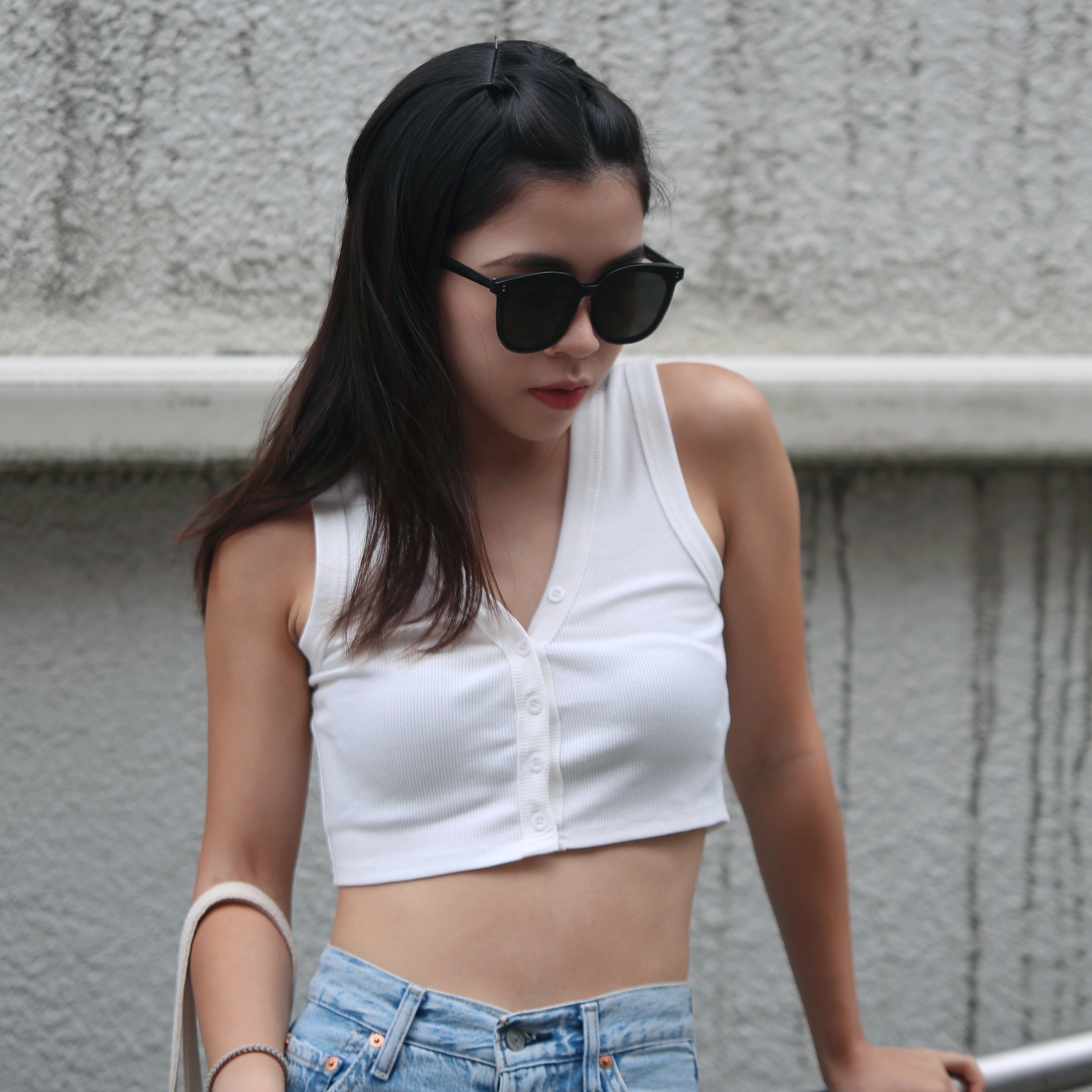 V Neck Button Front Solid Crop Top