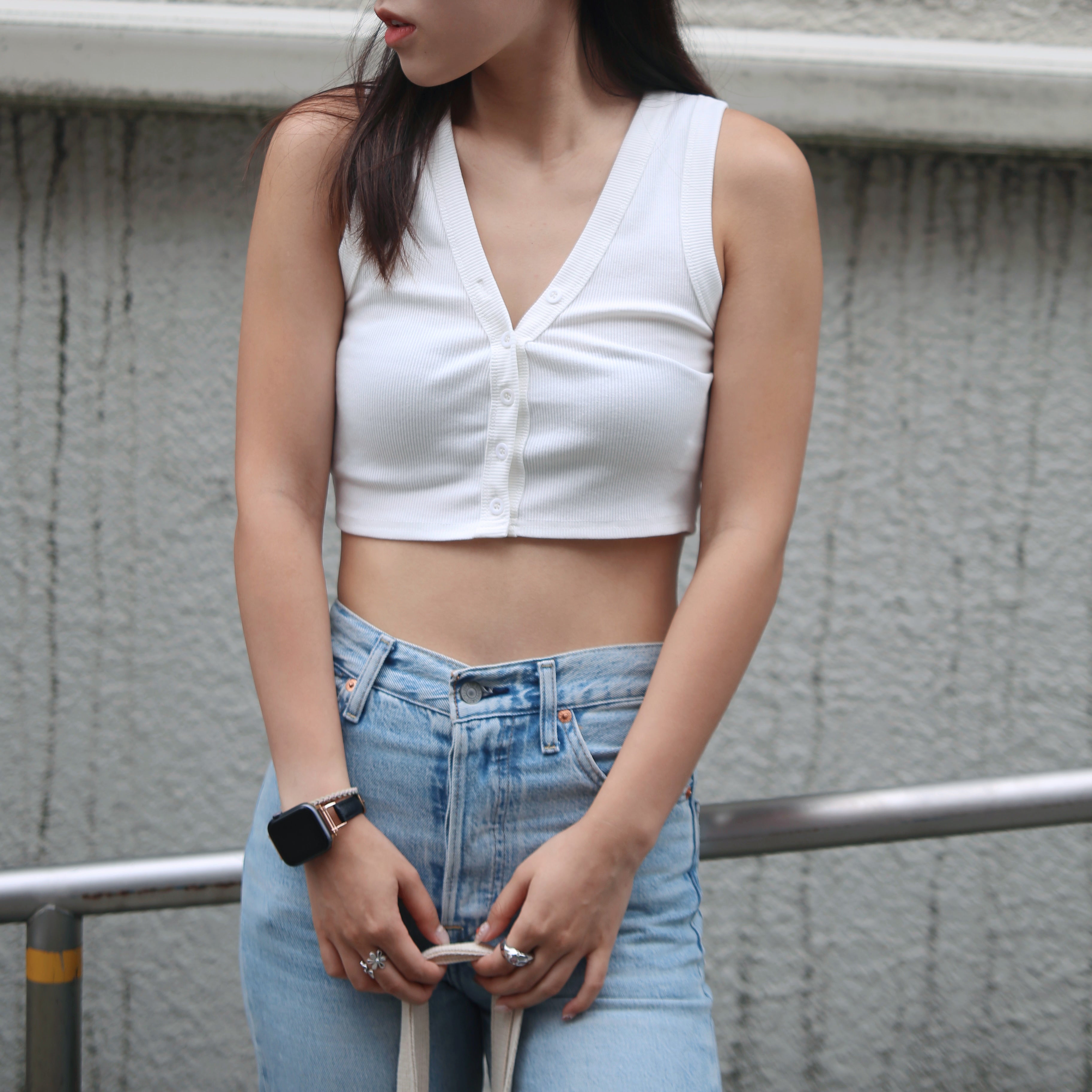 V Neck Button Front Solid Crop Top