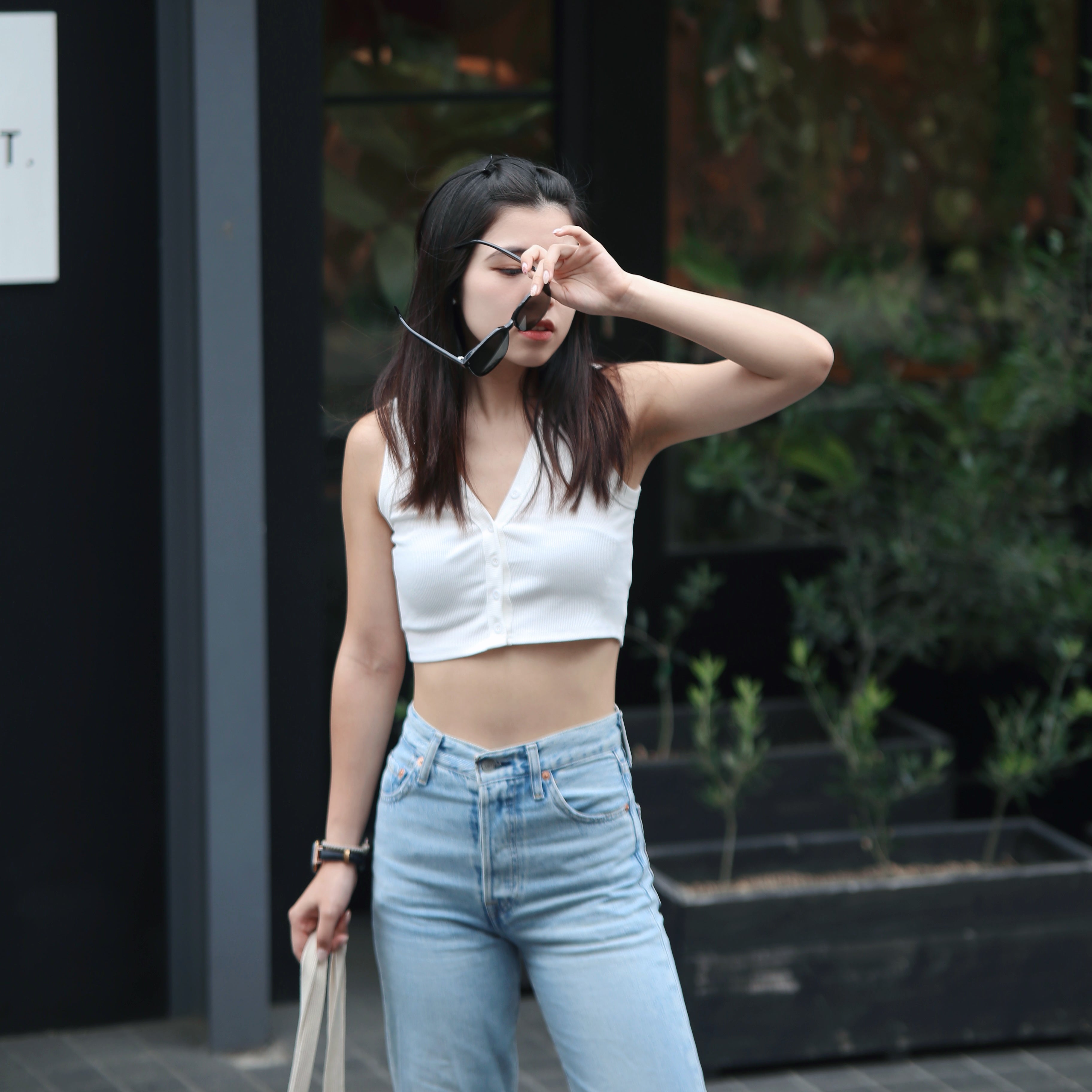 V Neck Button Front Solid Crop Top