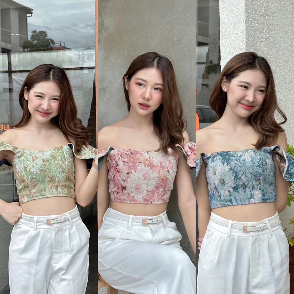 #T058 - Classy Flowery Prints Crop Off Shoulder Top