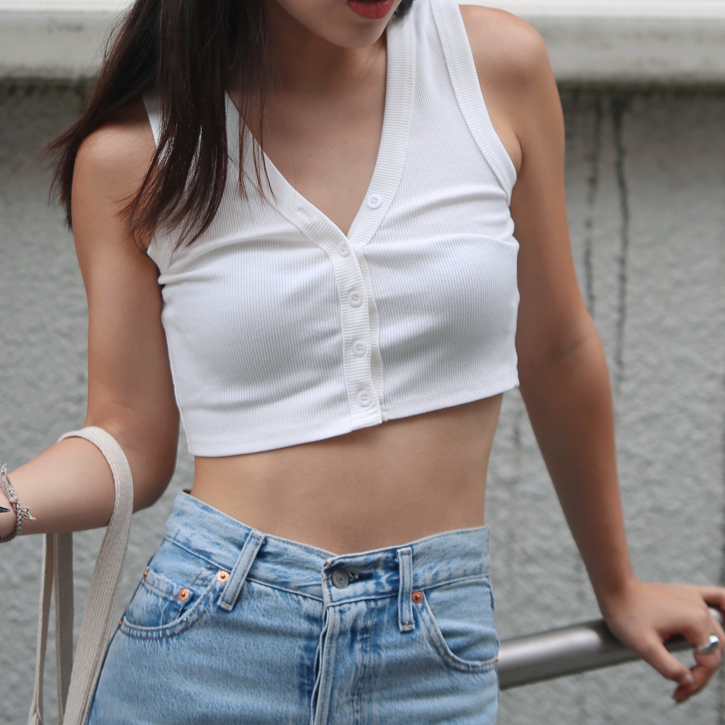 V Neck Button Front Solid Crop Top