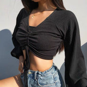 Drawstring Rib-Knit Solid Crop Top