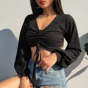 Drawstring Rib-Knit Solid Crop Top