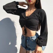 Drawstring Rib-Knit Solid Crop Top