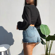 Drawstring Rib-Knit Solid Crop Top