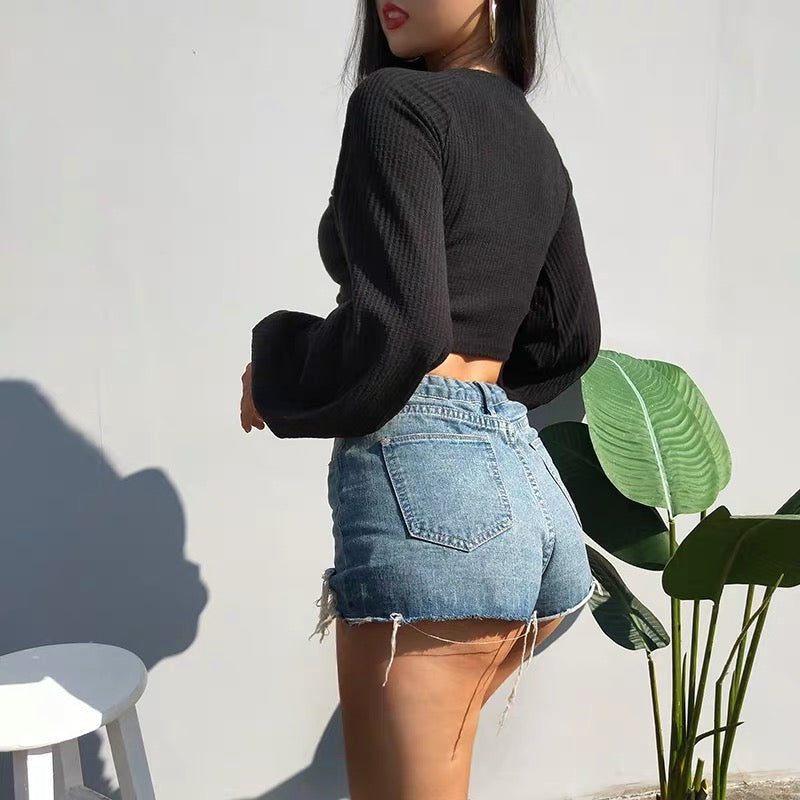 Drawstring Rib-Knit Solid Crop Top