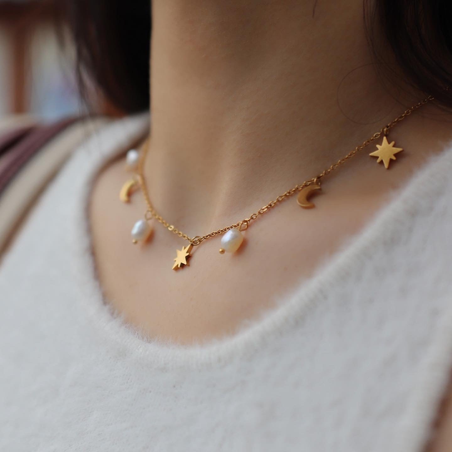 Moon and Star Pearls Charms Necklace